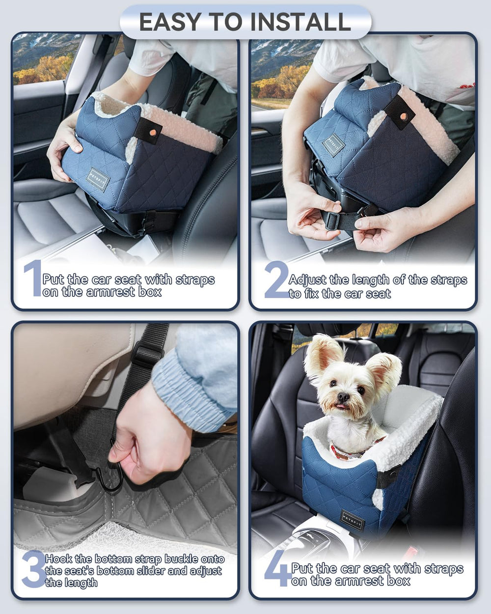 Petsfit center-console dog car seat blue dimensions fit most cars.