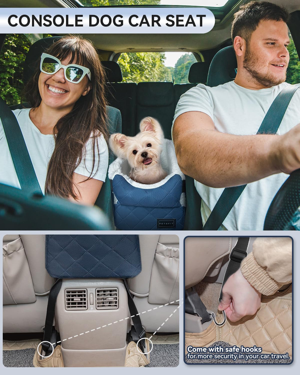 Petsfit center-console dog car seat blue front view shows plush cushion for comfort.