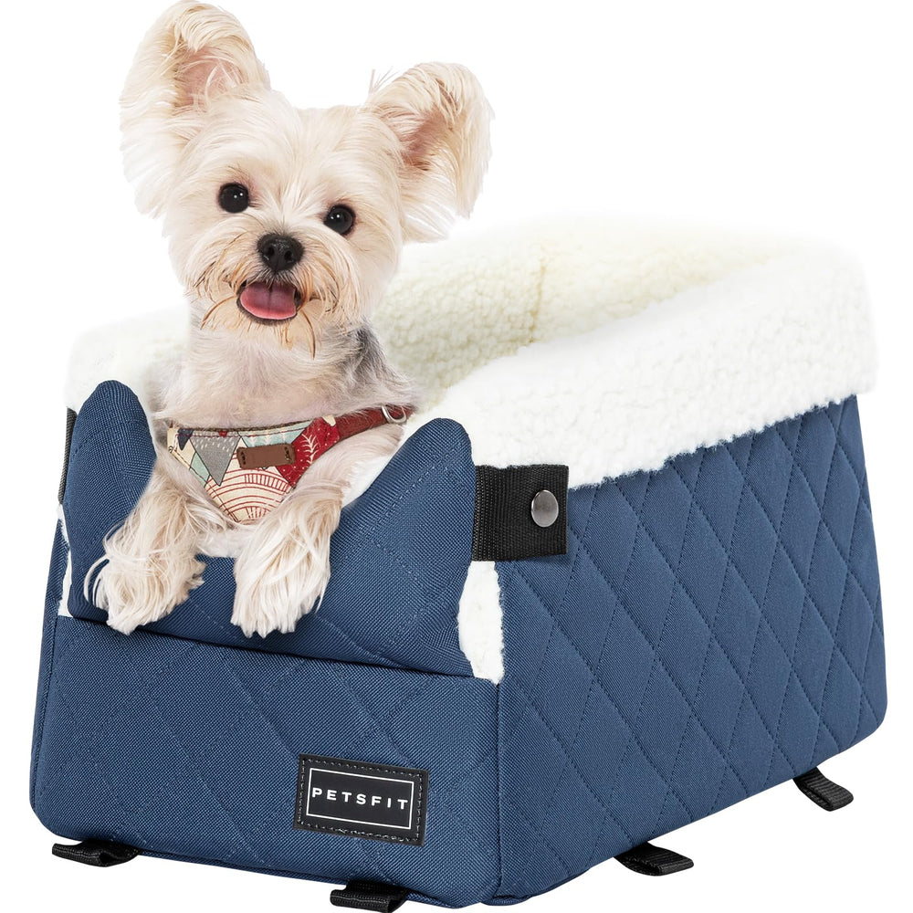 Petsfit center-console dog car seat blue in-car-view aids pet visibility.