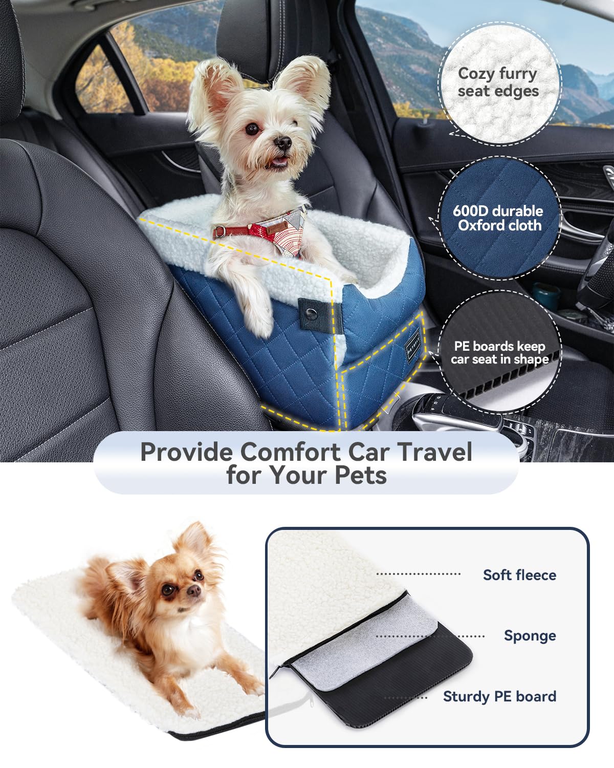 Petsfit center-console dog car seat blue plush-edges enhance comfort.