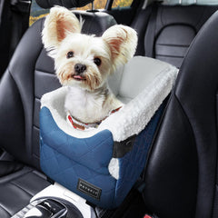 Petsfit center-console dog car seat blue side view promotes secure travel for small dogs.