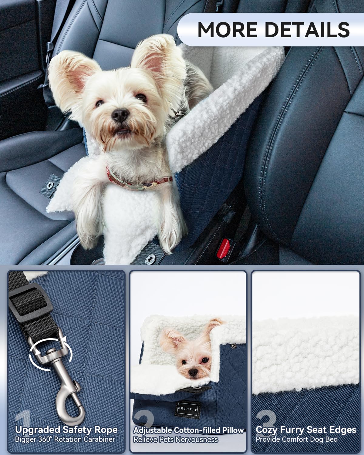 Petsfit center-console dog car seat blue washable-cushion for easy cleaning.