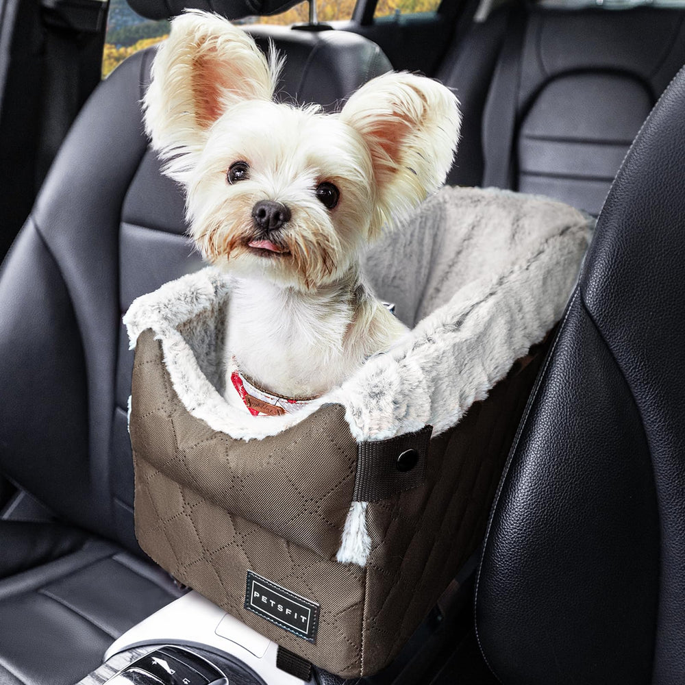 Petsfit center console dog car seat coffee front view, secure fit on armrest for small dogs