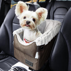Petsfit center console dog car seat coffee front view, secure fit on armrest for small dogs