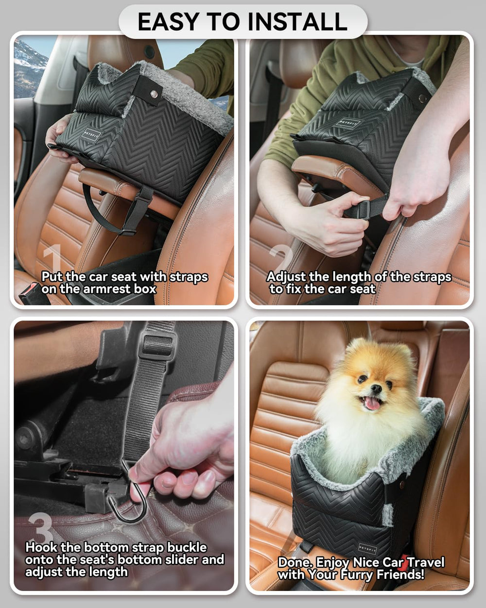 Petsfit center console dog car seat front pillow allows flexible positions for naps.