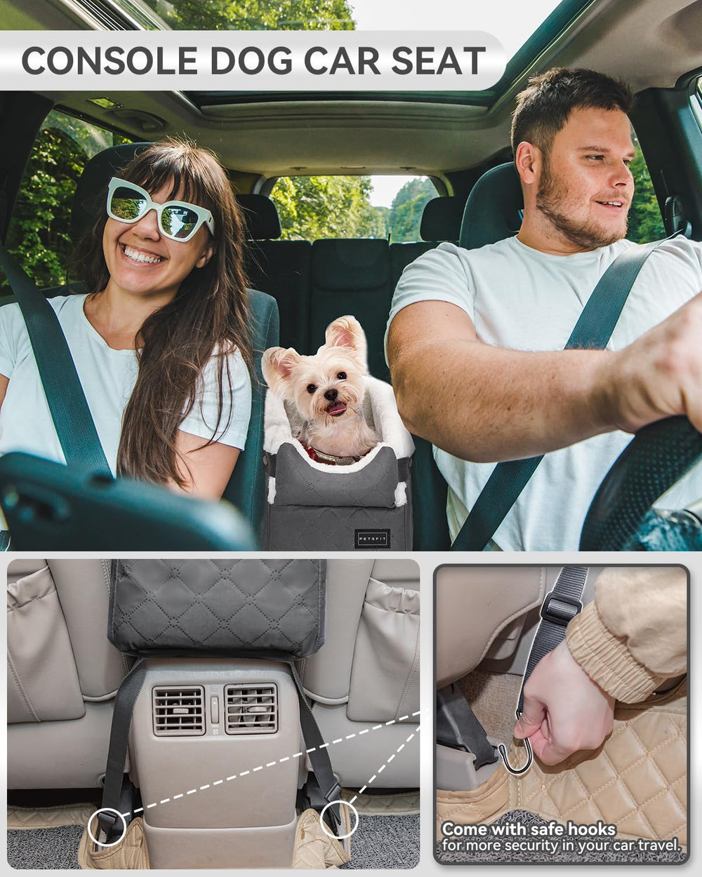 Petsfit center console dog car seat front view shows secure harness connection