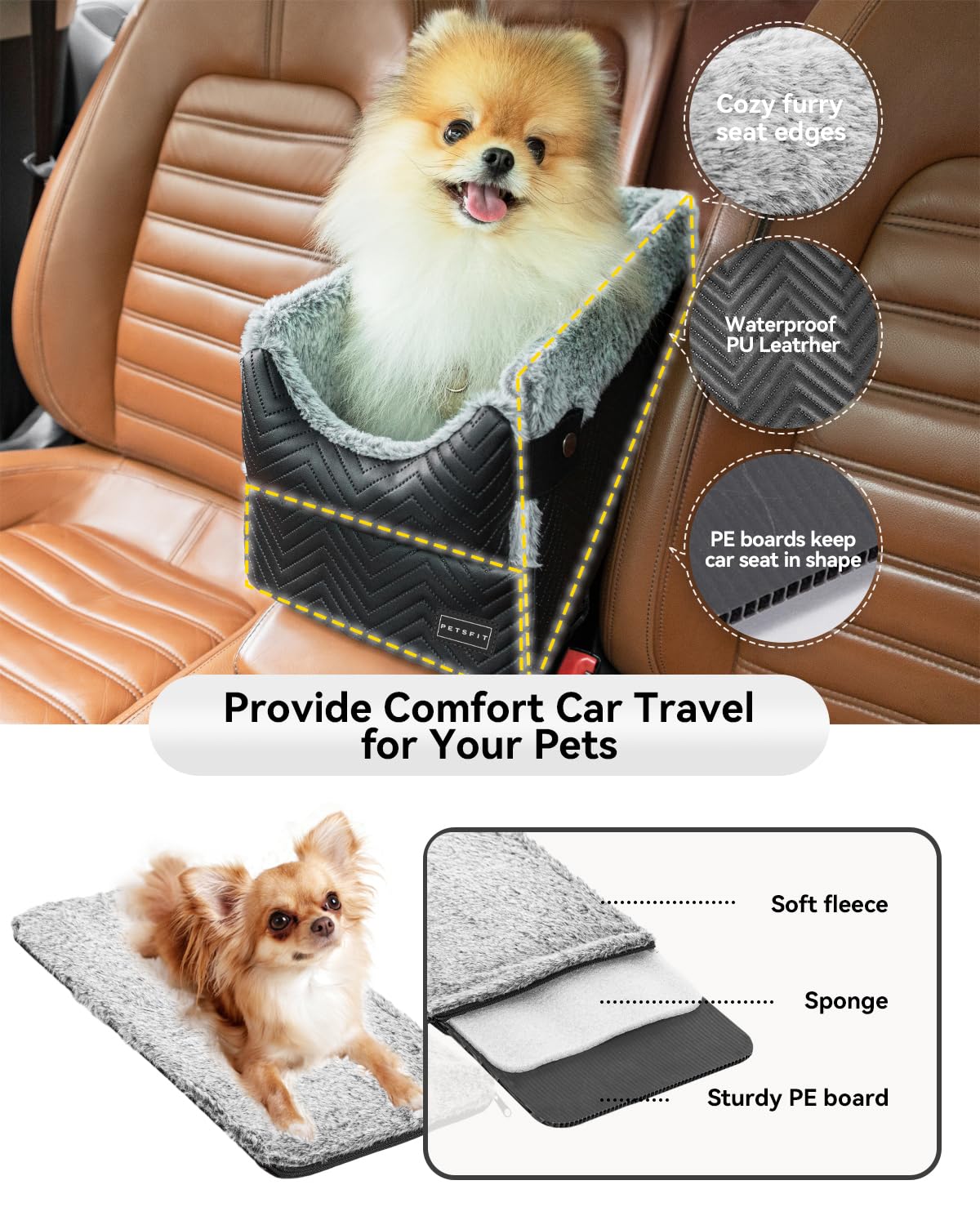 Petsfit center console dog car seat PE boards keep structure rigid.