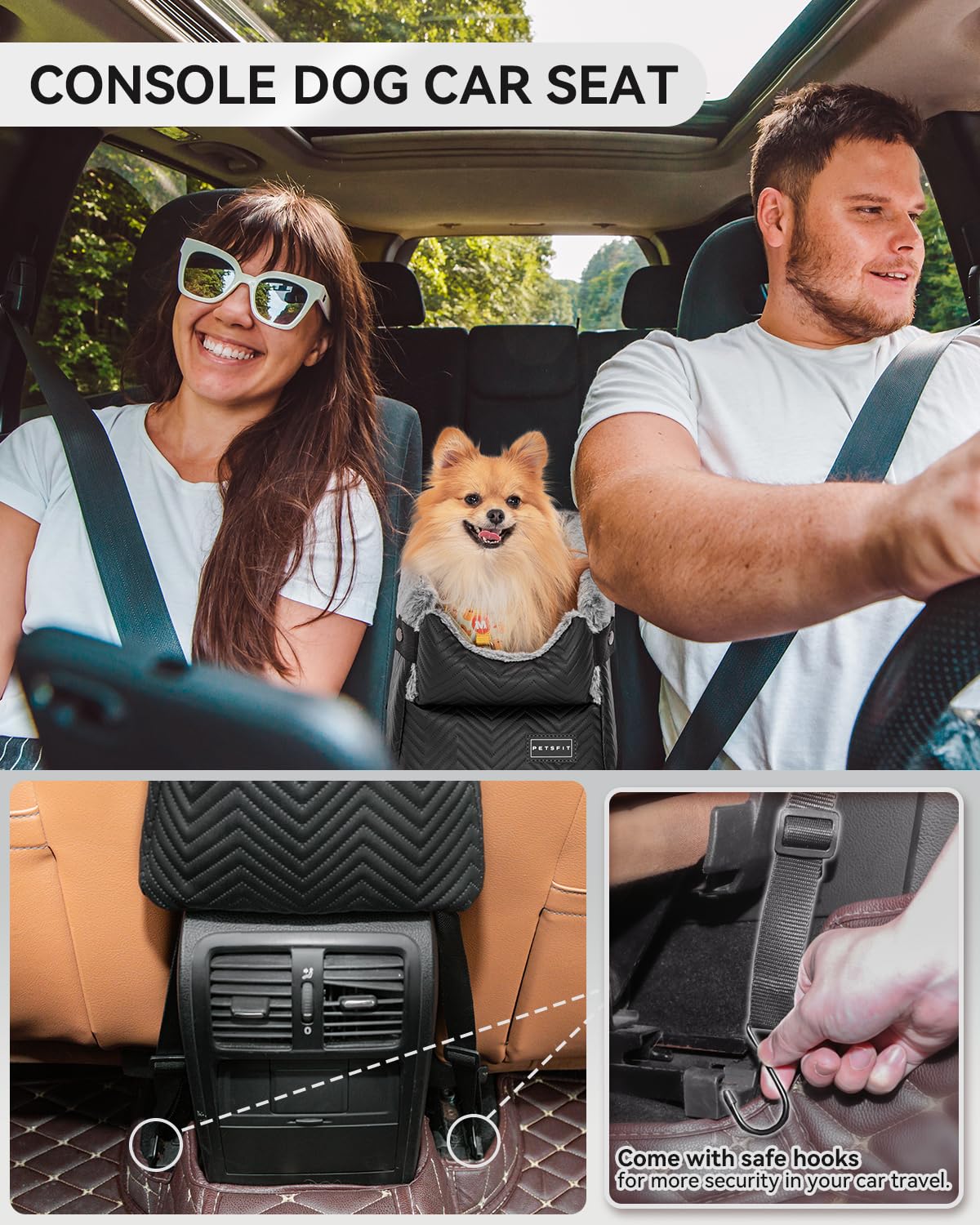 Petsfit center console dog car seat safety hooks provide stabilized mounting on armrest.