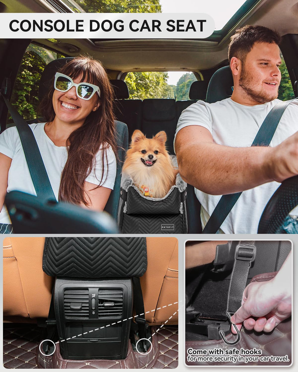 Petsfit center console dog car seat safety hooks provide stabilized mounting on armrest.