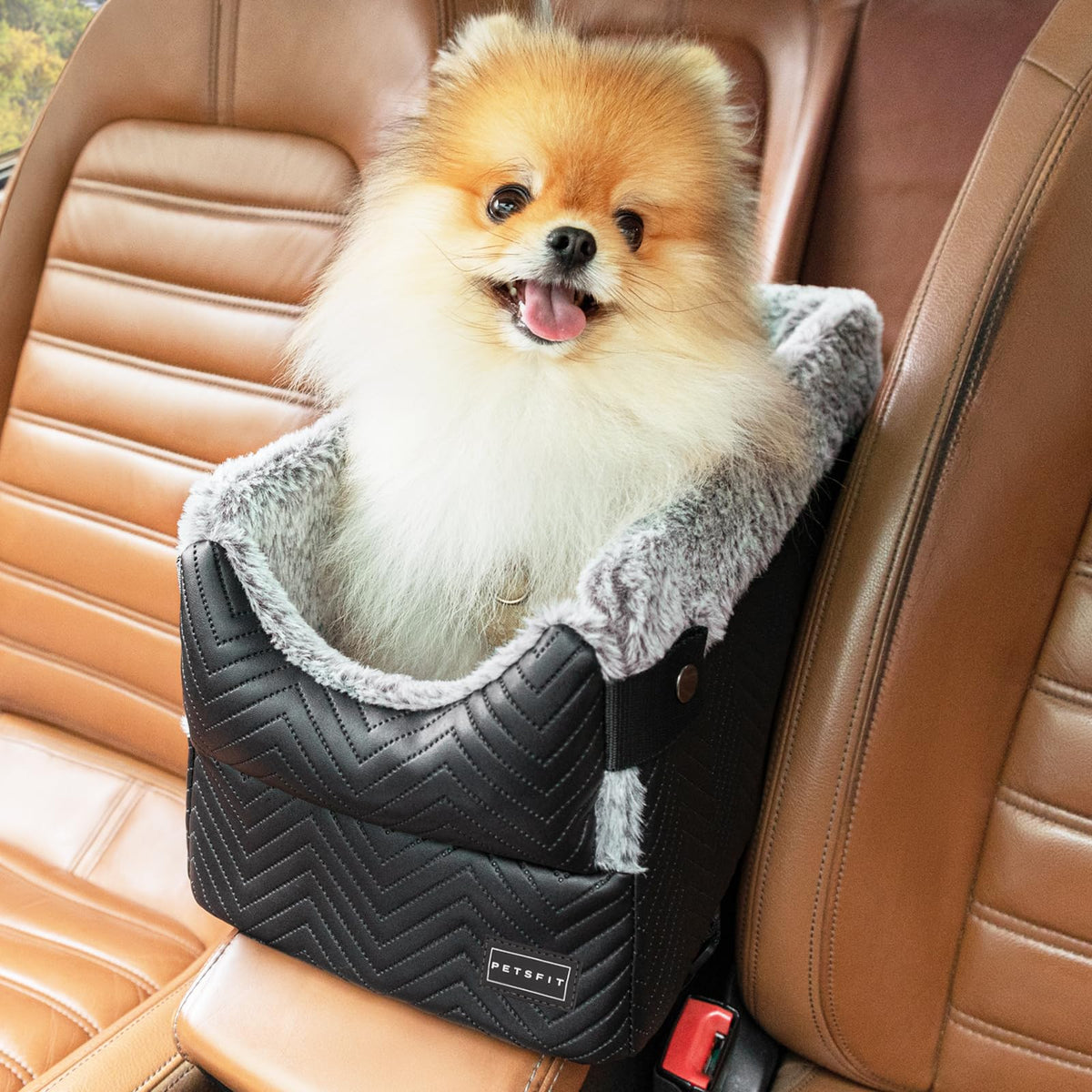 Petsfit center console dog car seat with side hooks secures small pets during travel.