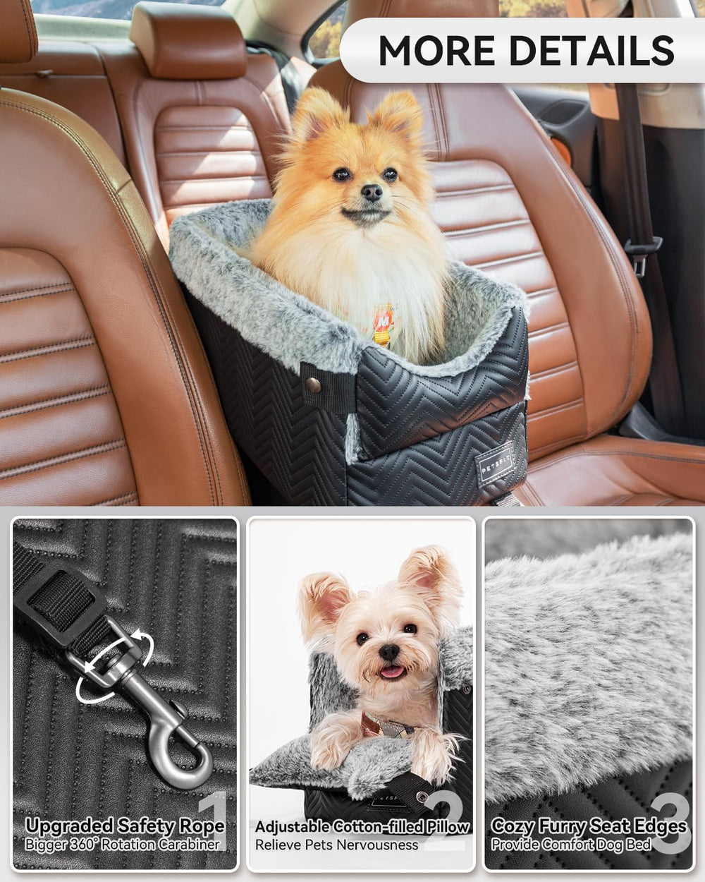 Petsfit center console dog car seat offers a window view for relaxed travel.