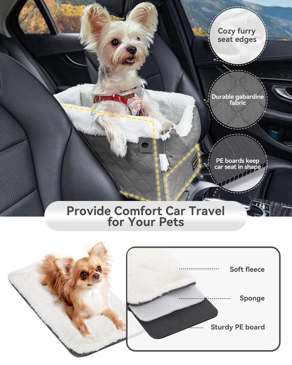 Petsfit center console dog car seat washable cushion shows double sided fabric