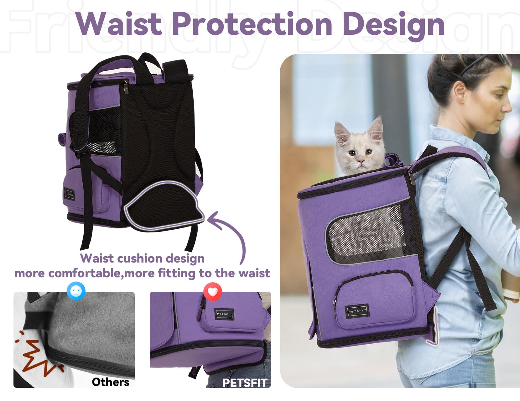 PETSFIT dog backpack carrier side view demonstrates spacious interior for small pets.