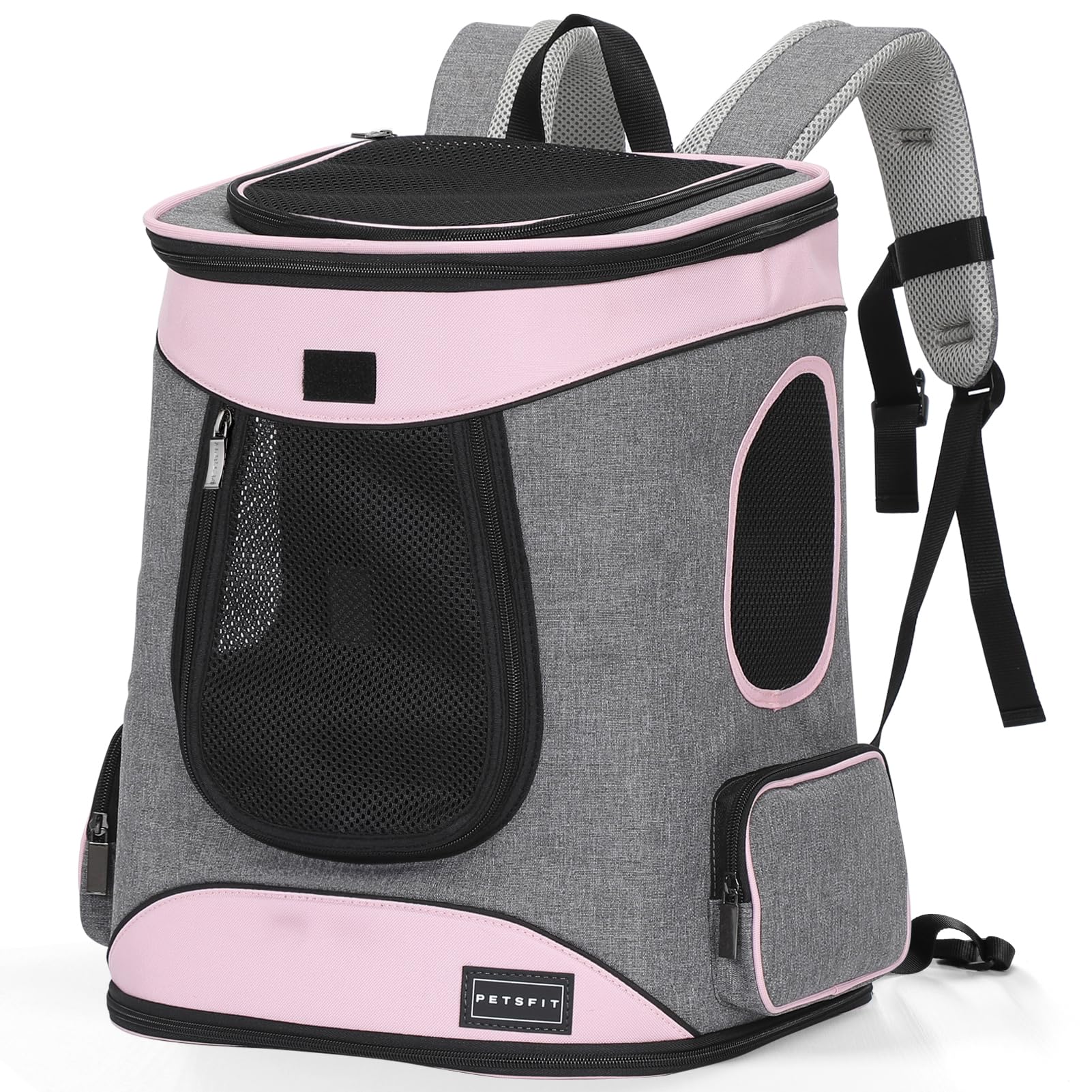 Petsfit dog backpack carrier side view with upgrade waist cushion for comfort on trips.