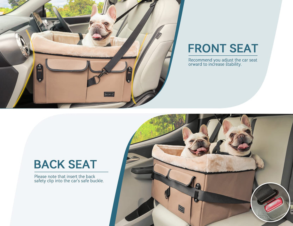 Petsfit booster seat shows adjustable lanyard and buckles for security