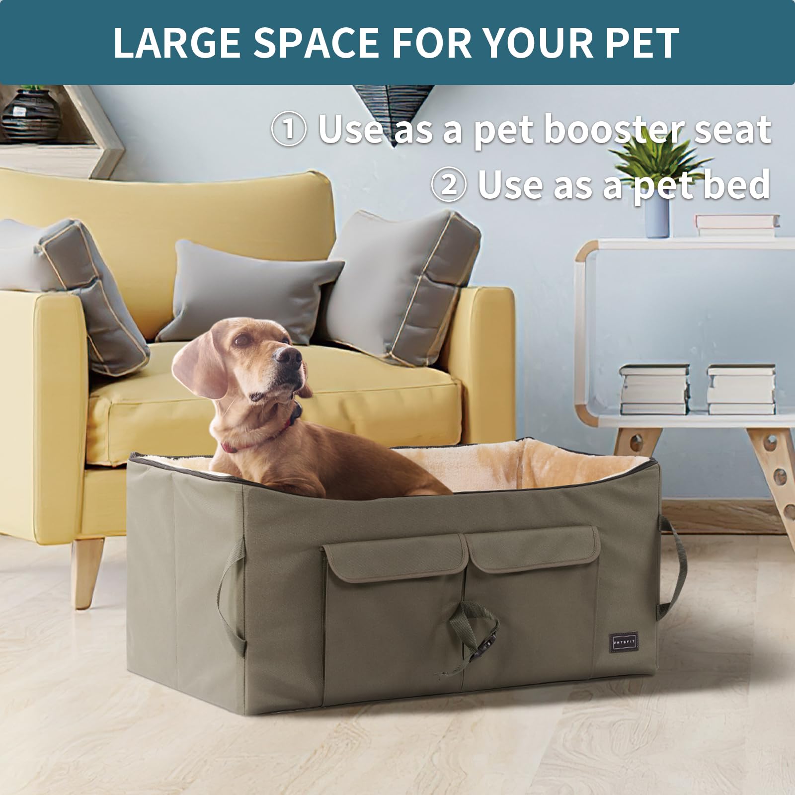 Petsfit dog booster seat folded compact for easy storage between trips.