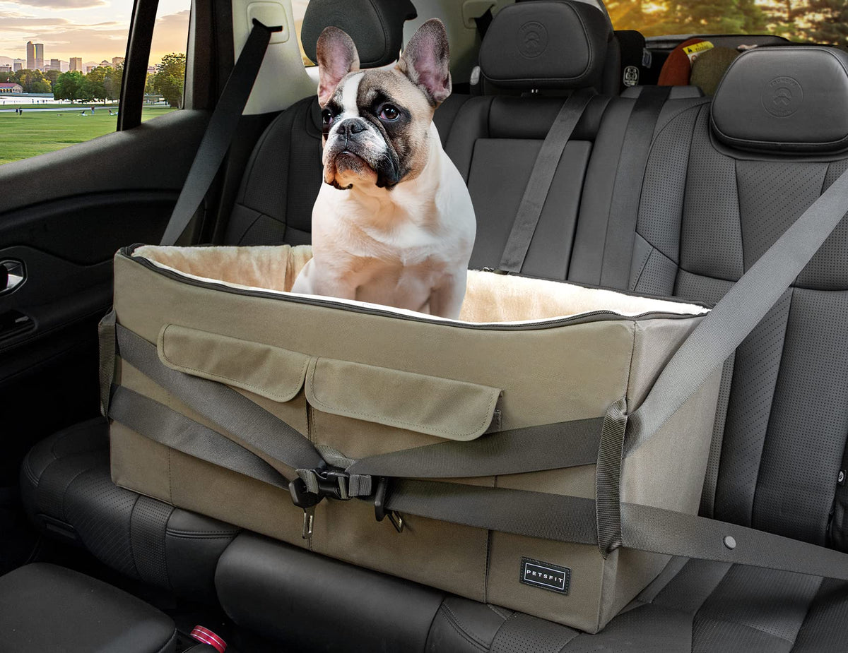 Petsfit dog booster seat front view shows secure fit for safer, calmer drives.