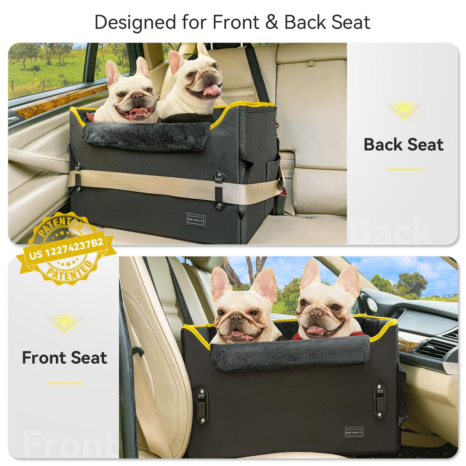 Petsfit dog booster seat rear view highlights secure buckle attachments for safe travel