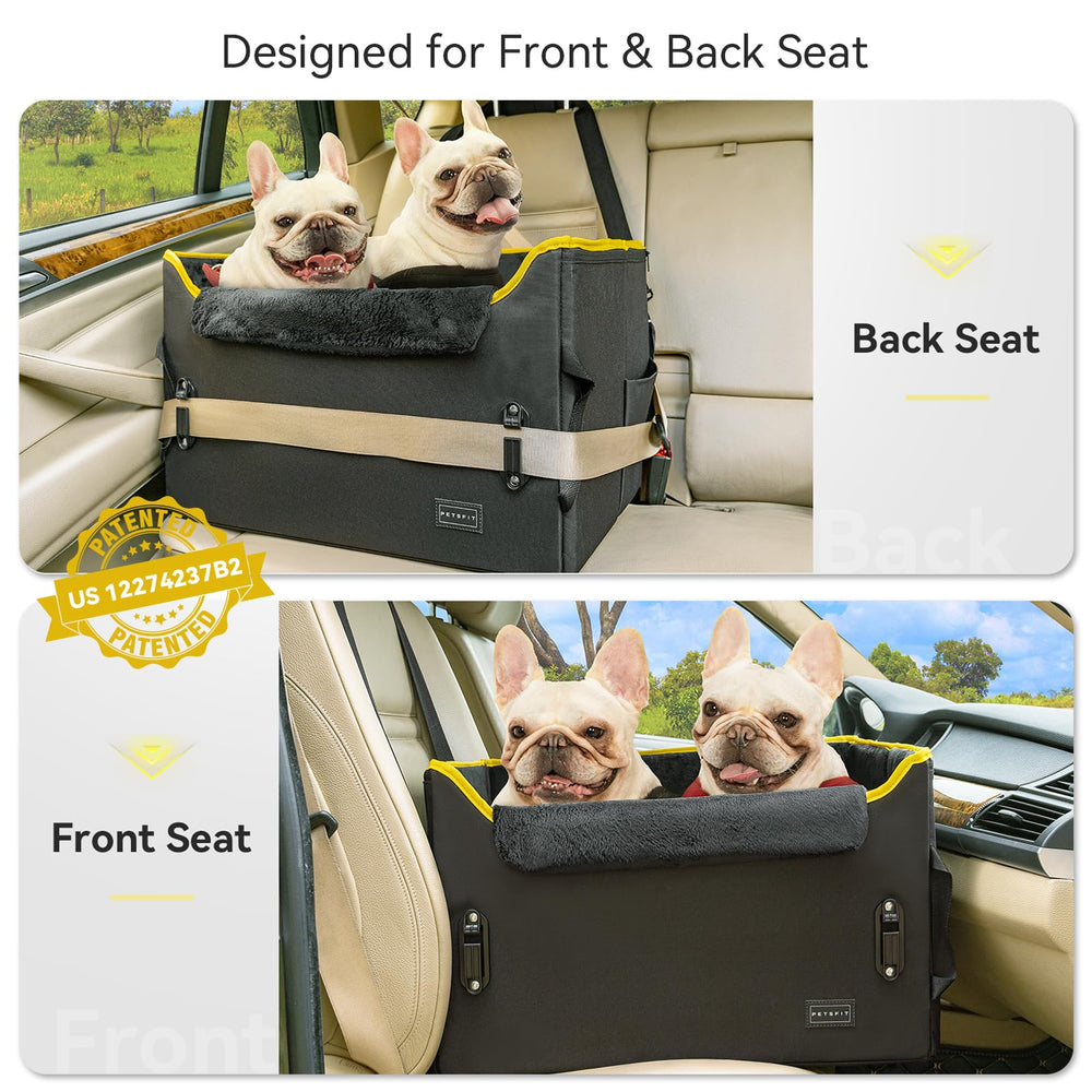 Petsfit dog booster seat rear view highlights secure buckle attachments for safe travel