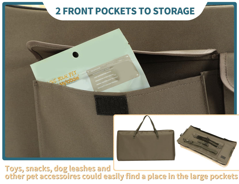 Petsfit dog booster seat safety belt demonstrates secure harness attachment for safer travels.