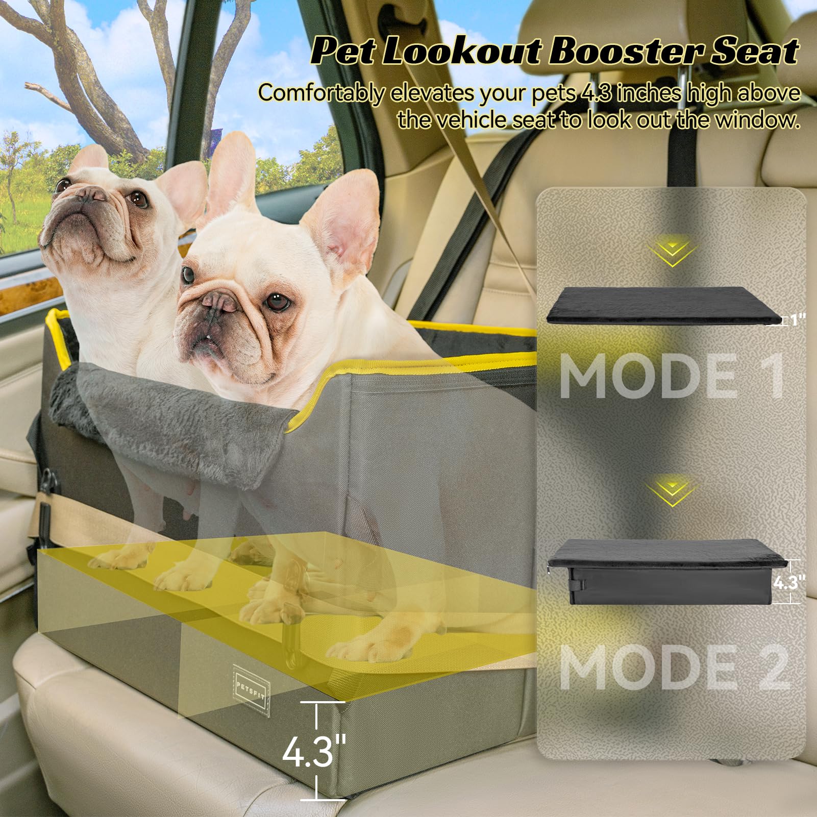 Petsfit dog booster seat side view emphasizes compact, versatile fit in vehicles