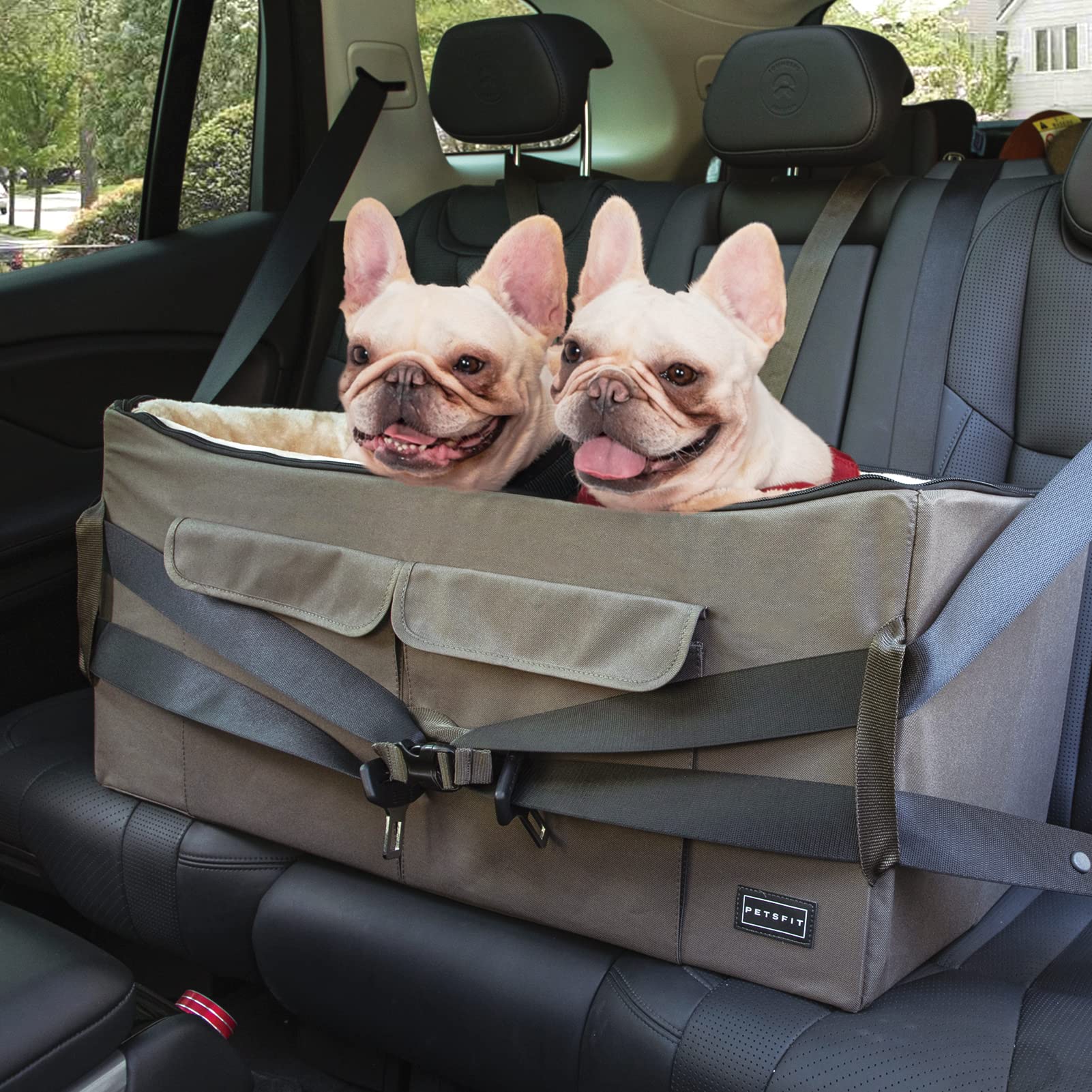 Petsfit dog booster seat with pockets supports travel organization on the go.
