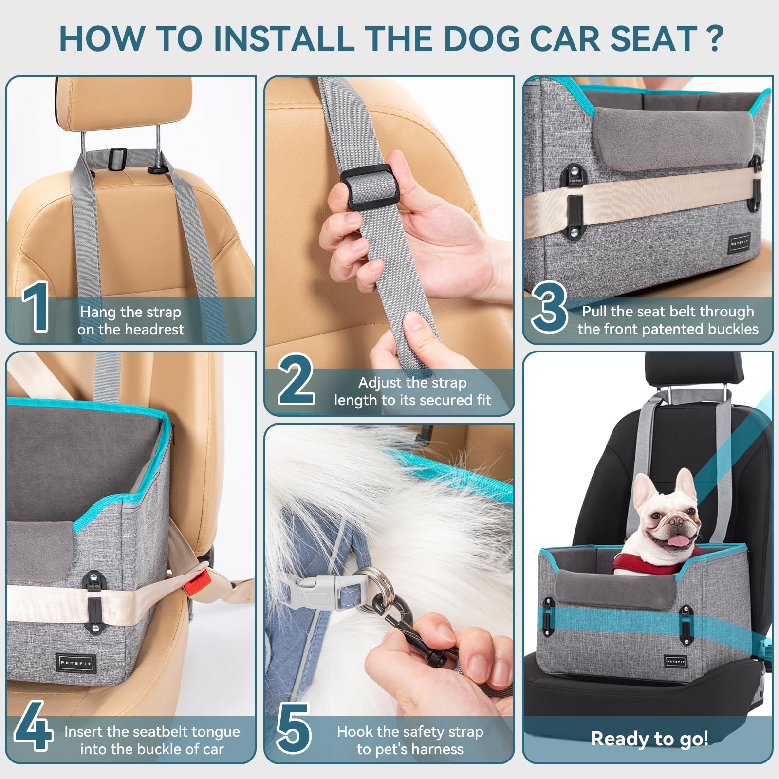 PETSFIT dog car seat boost-level-view, elevated vantage calms anxious dogs during trips.