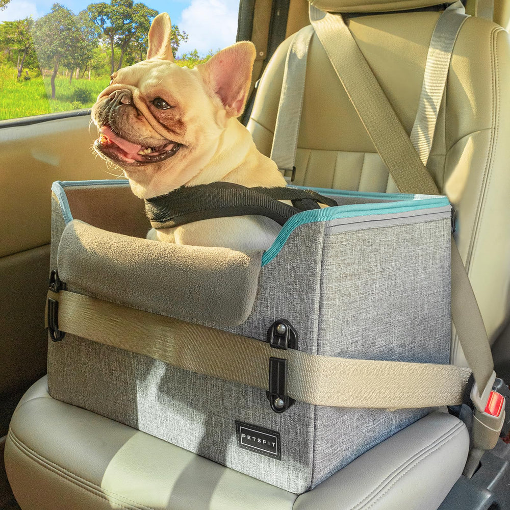 PETSFIT dog car seat front-seat install view, safe travel for small dogs on car rides.