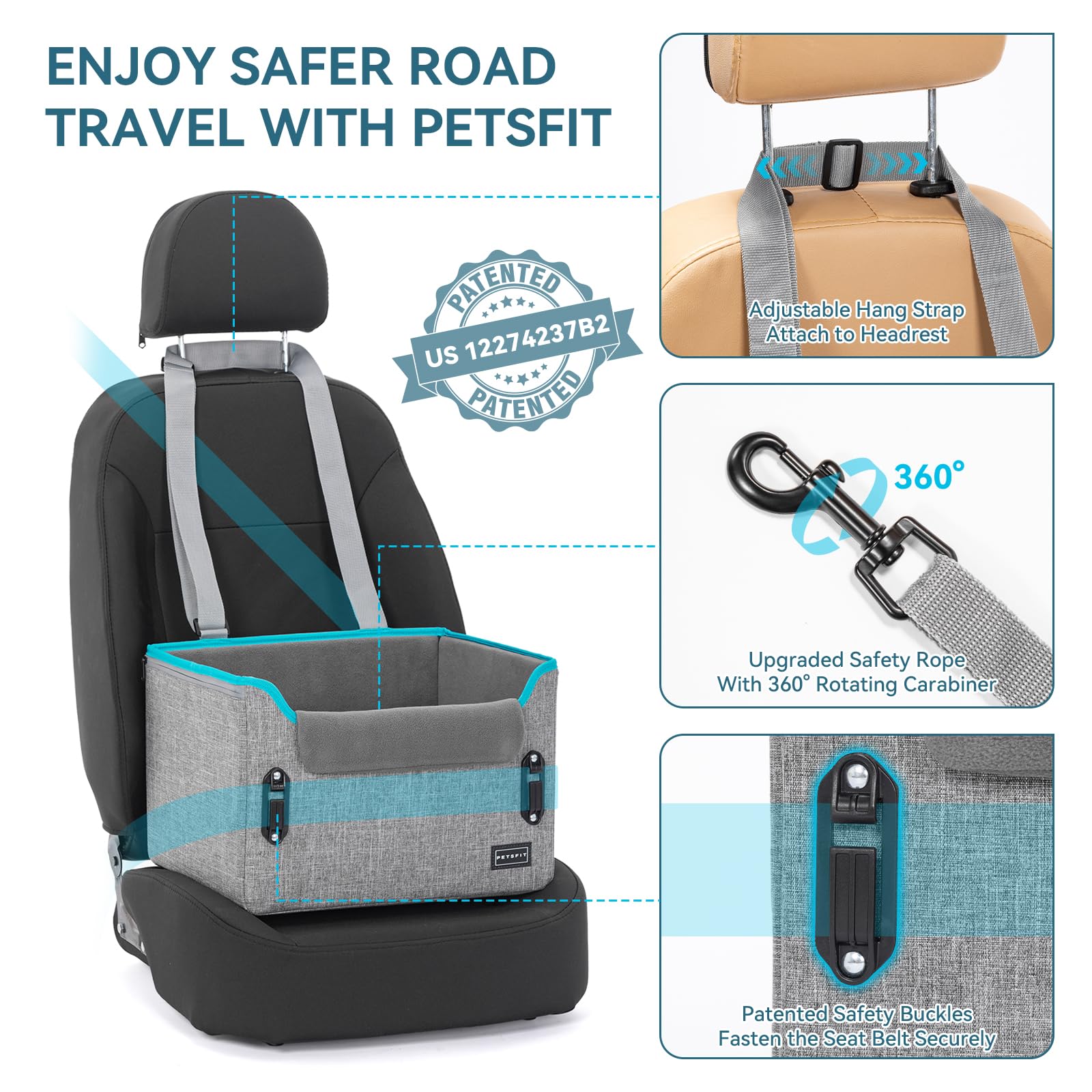 PETSFIT dog car seat patented-buckle closeup, premium safety buckles for secure rides.