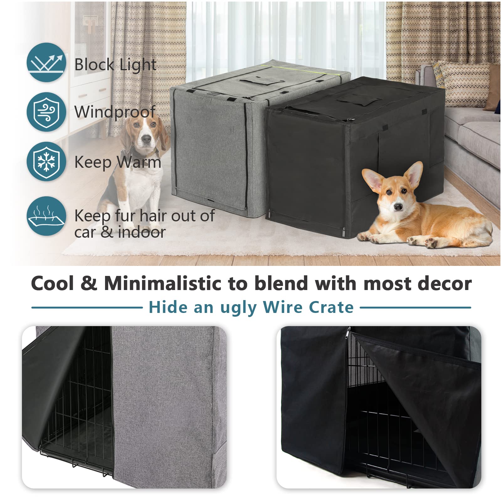 Petsfit dog crate cover demonstrates privacy and ventilation in use