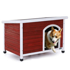 Petsfit dog house outdoor front view shows sturdy fir wood shelter