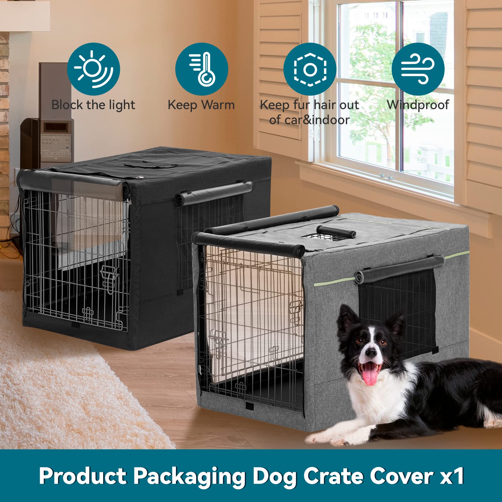 Petsfit dog kennel cover size guide image explains crate compatibility.