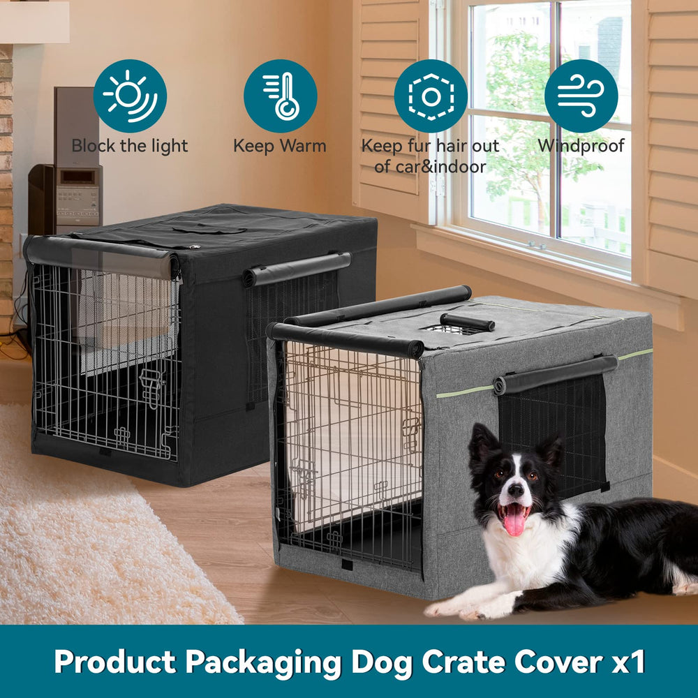 Petsfit dog kennel cover size guide image explains crate compatibility.