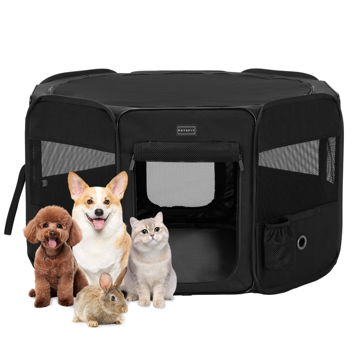 Petsfit dog playpen setup demonstrates quick, tool-free assembly for indoor use.