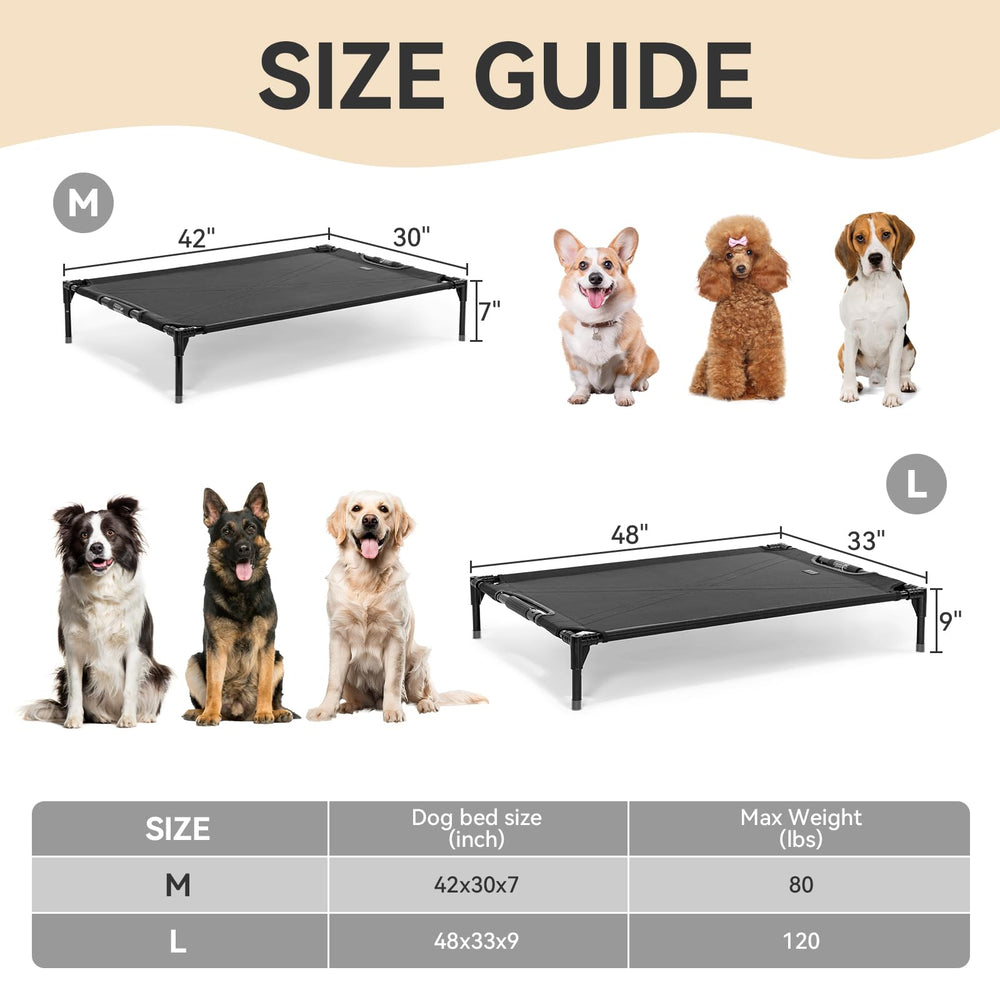 Petsfit elevated dog bed with adjustable tension bar for stable support.