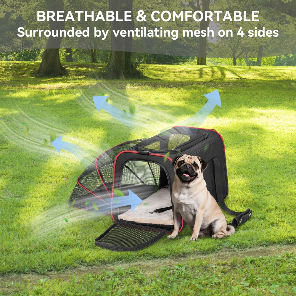 Petsfit expandable carrier airline-approved size helps portable travel under the seat.