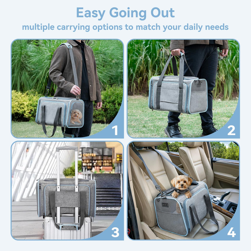 Petsfit expandable carrier extended dimension demonstrates under-seat compatibility for flights.