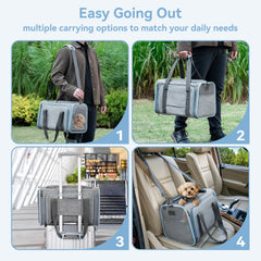 Petsfit expandable carrier extended dimension demonstrates under-seat compatibility for flights.