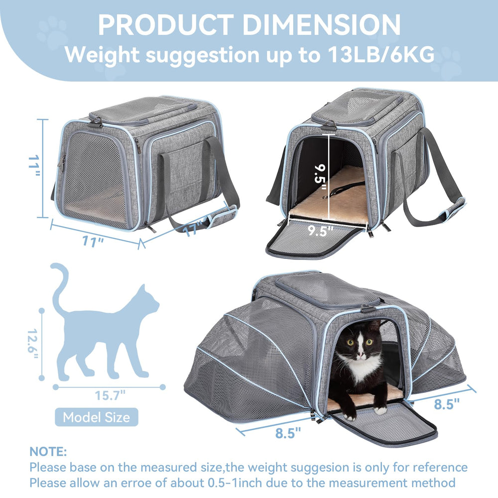 Petsfit expandable carrier front view with open panels highlights roomy extended space.