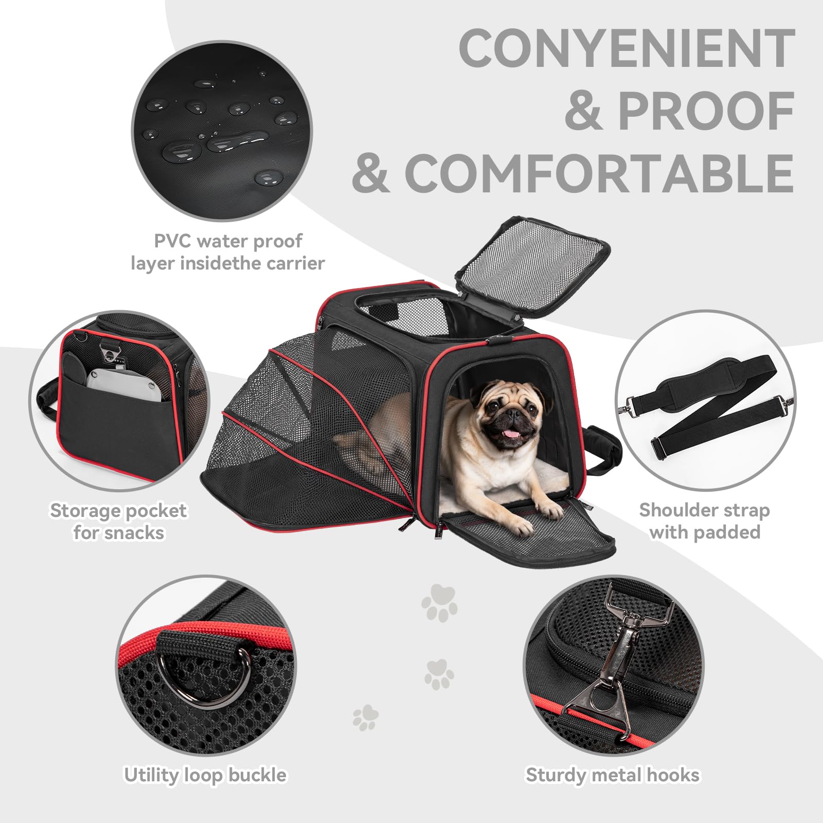 Petsfit expandable carrier mesh windows provide ventilation for stressed-free breathing.