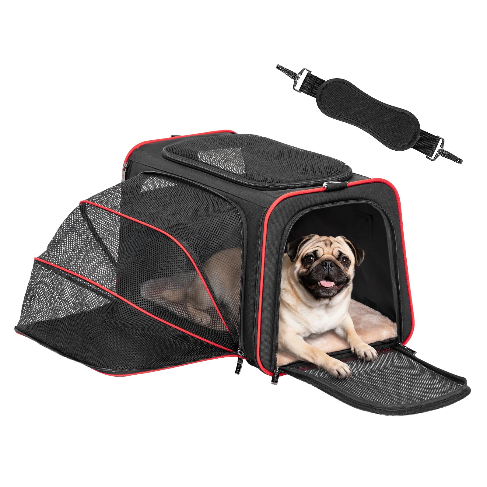 Petsfit expandable carrier side view shows sturdy structure and breathable mesh for comfortable travel.