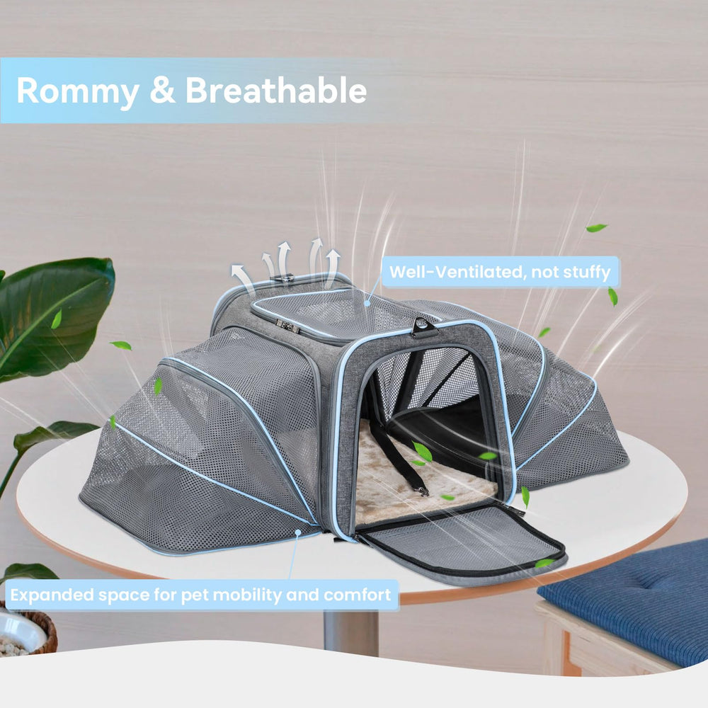 Petsfit carrier fits under airplane seat, ideal for flights.