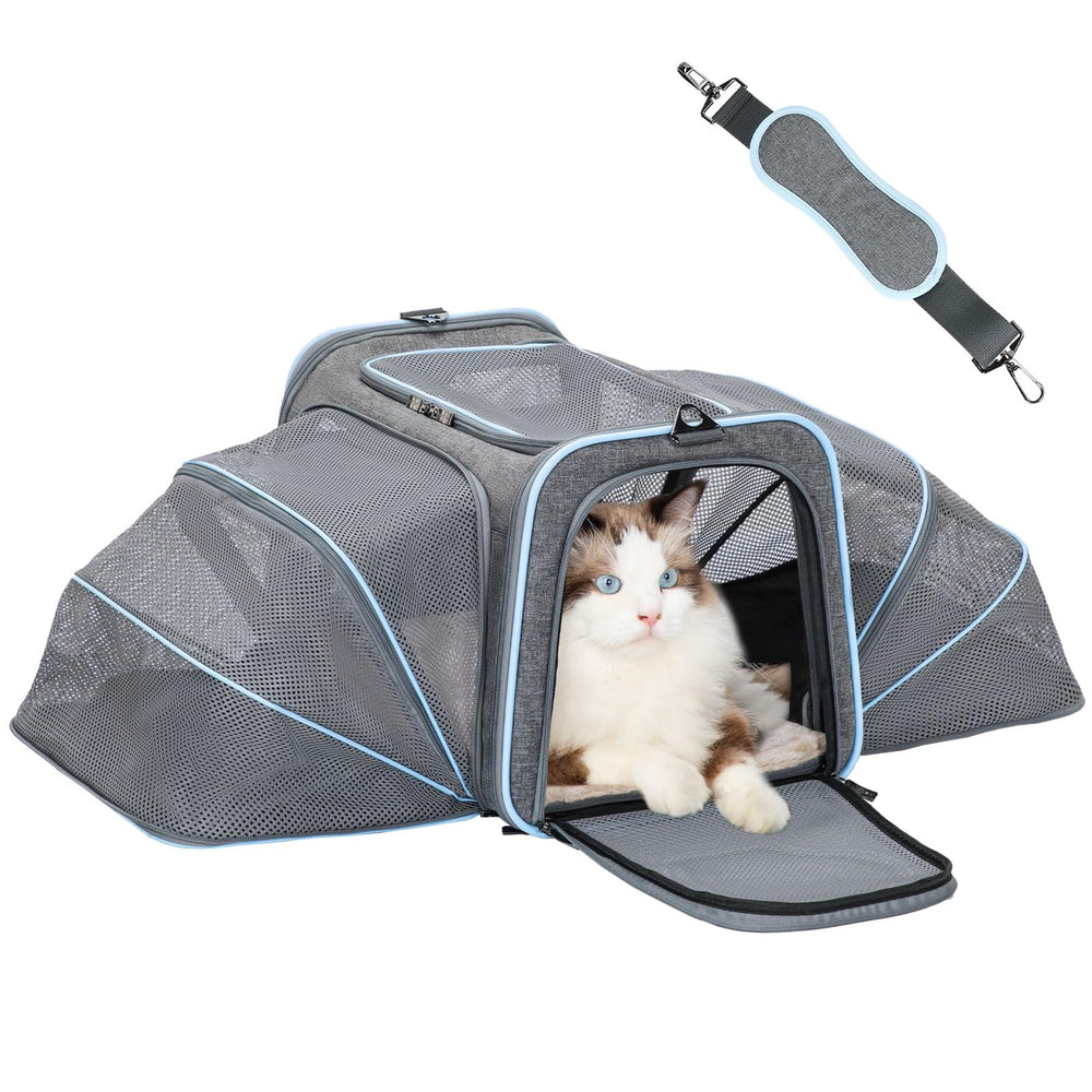 Petsfit expandable cat carrier closed front for easy transport and city trips.