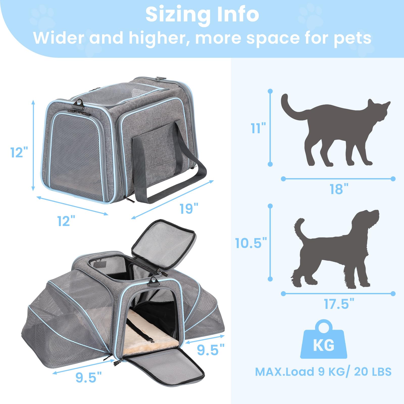 Petsfit expandable cat carrier expanded with roomy interior for comfortable travel.