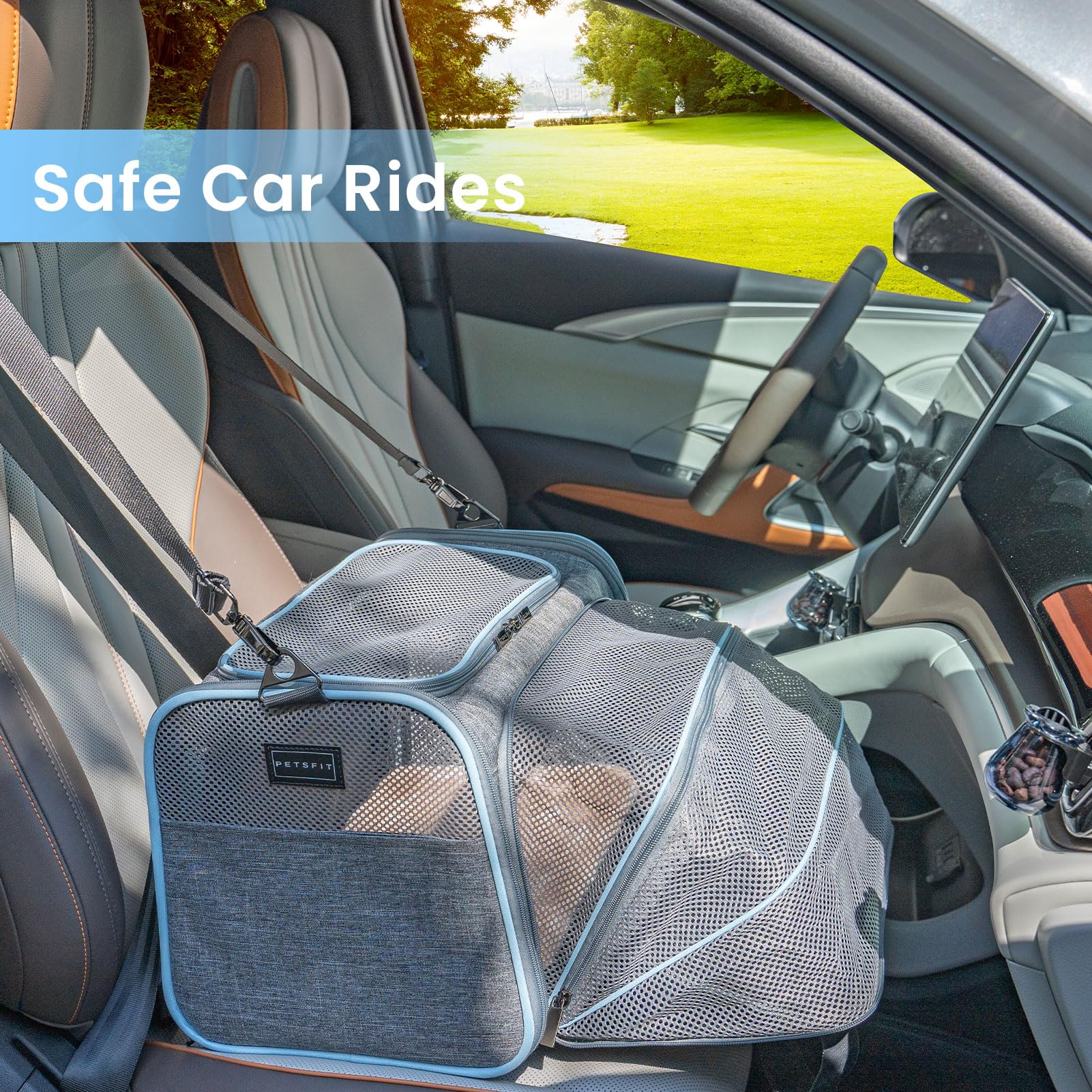 Petsfit carrier features PP board base and washable plush pad.