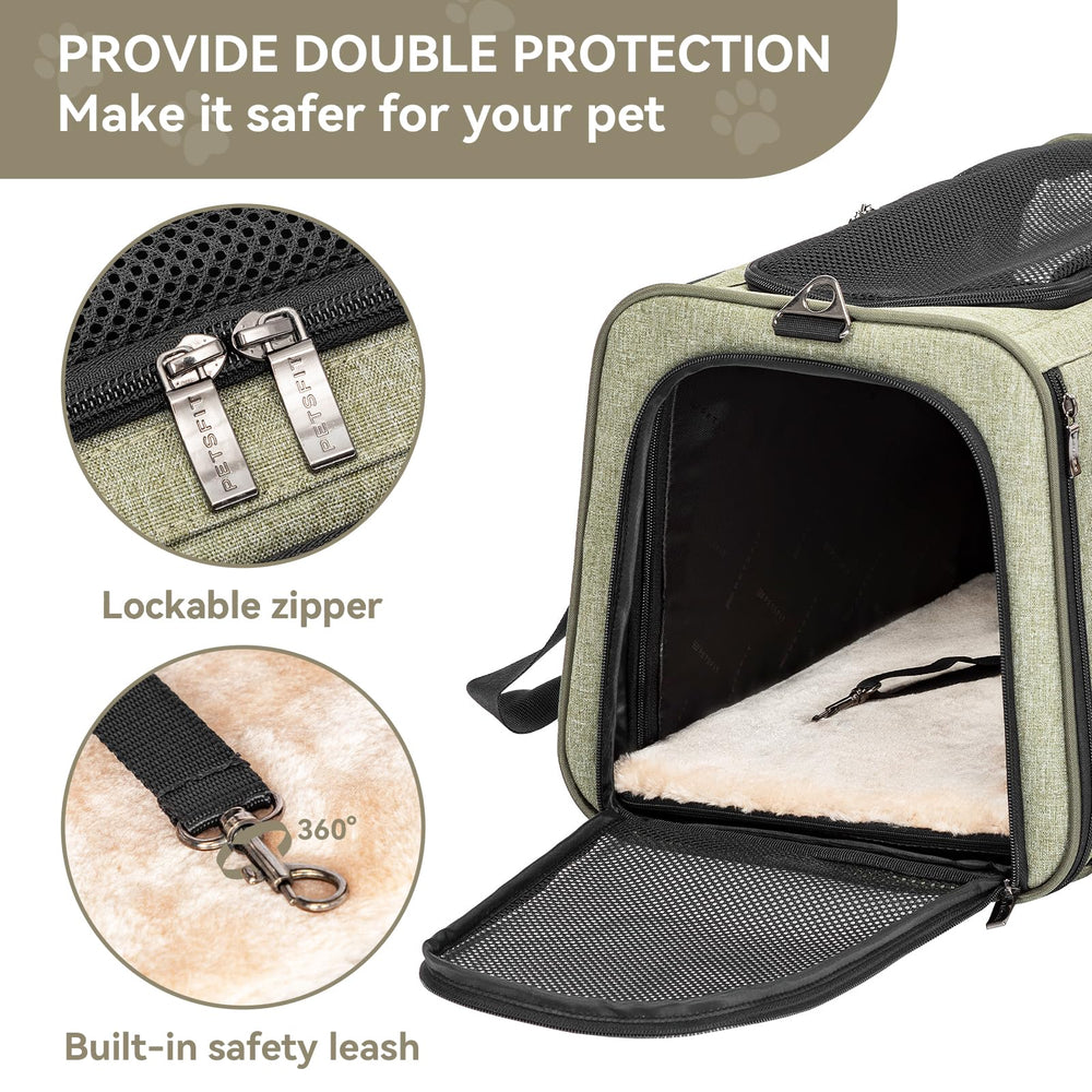 Petsfit expandable cat carrier soft plush pad offers cozy naps on the go.
