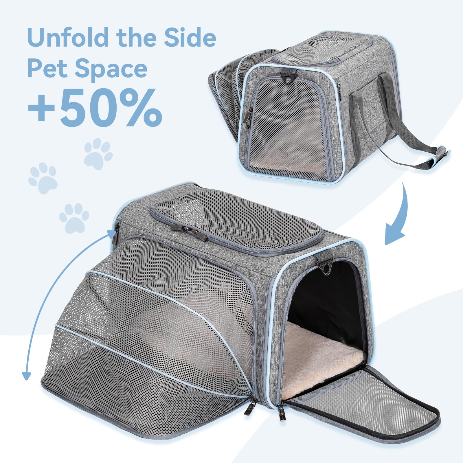 Petsfit expandable pet carrier durable-material close-up highlights sturdy fabric and wire frame.
