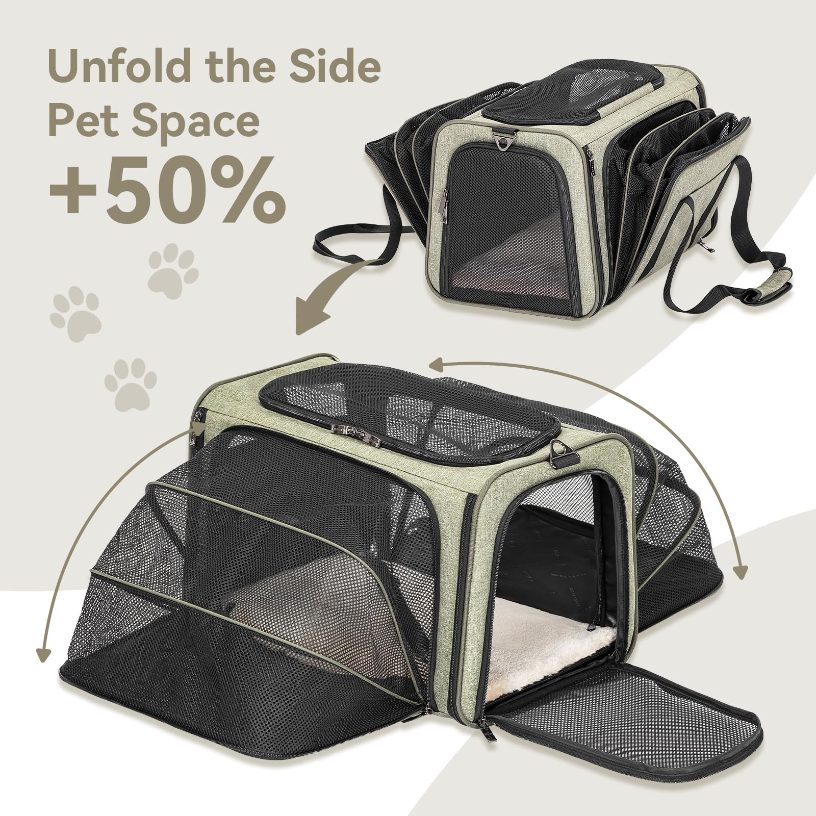 Petsfit expandable pet carrier locking safety zippers help secure pets during transit.