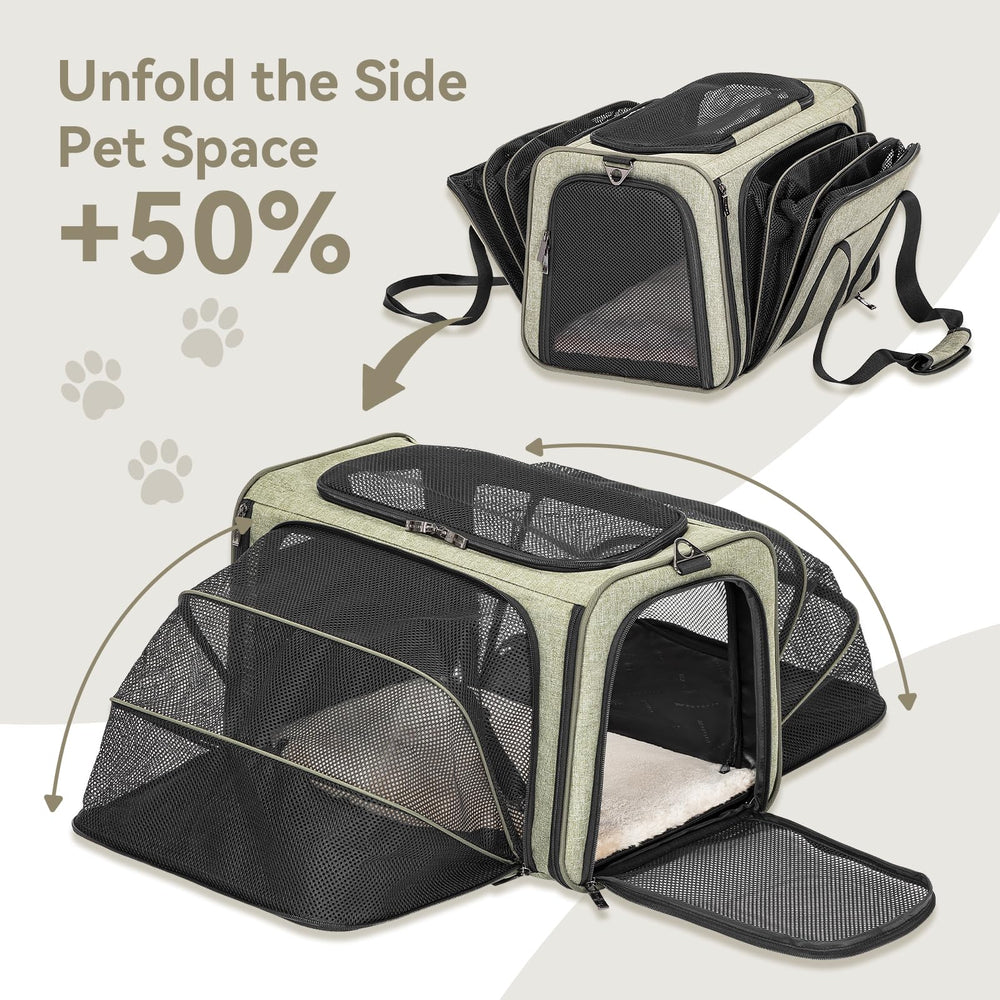 Petsfit expandable pet carrier locking safety zippers help secure pets during transit.