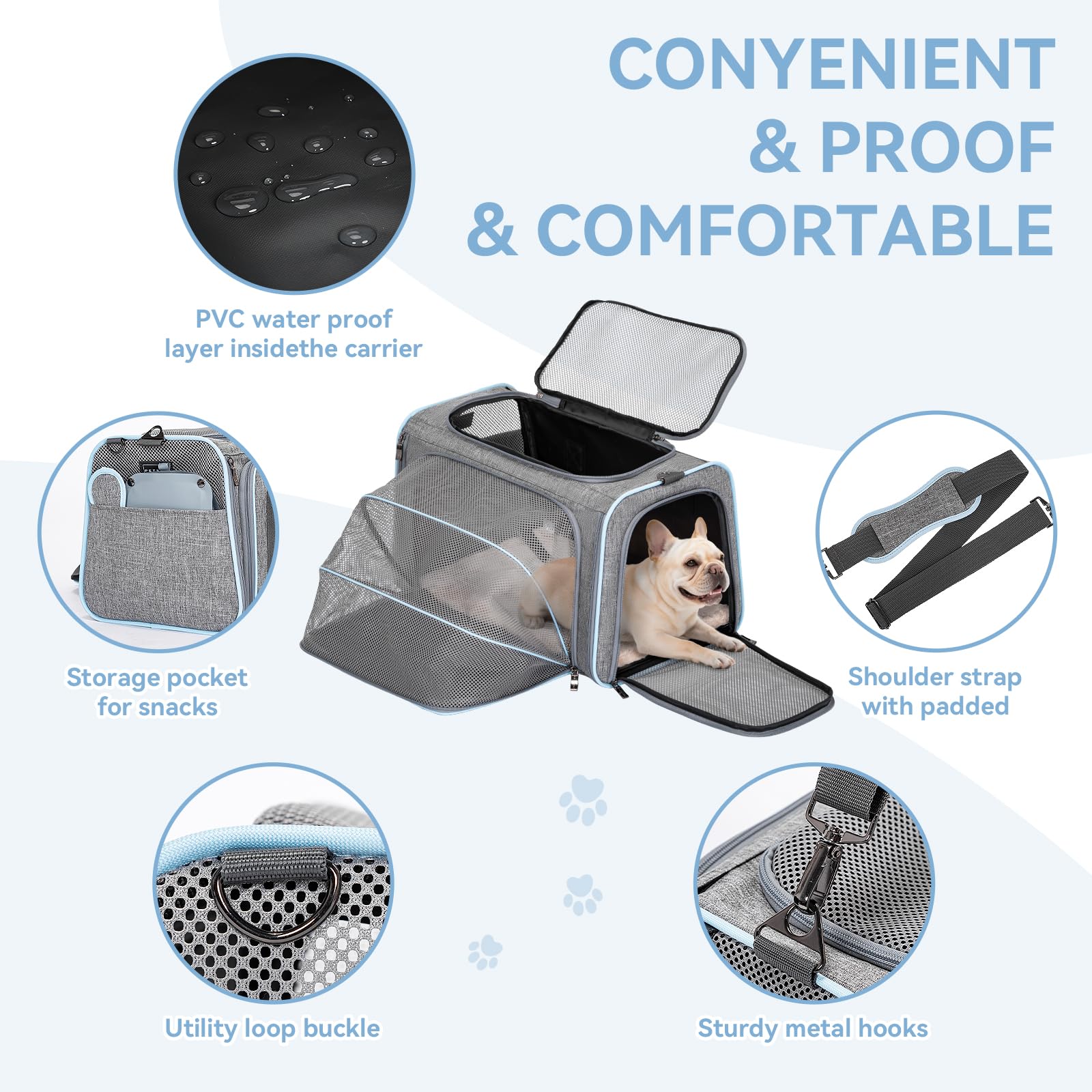 Petsfit expandable pet carrier cushion close-up illustrates removable washable mat for comfort.